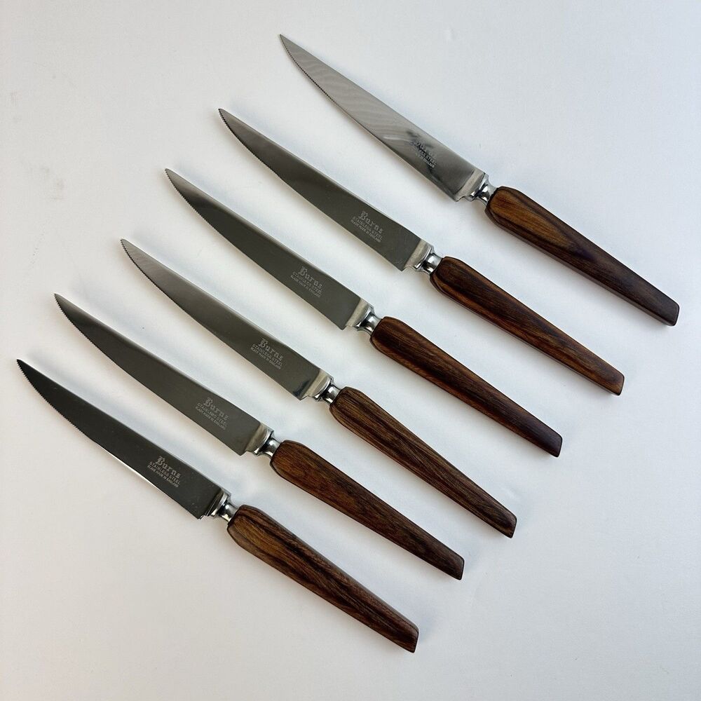 BURNS Stainless Steel Serrated Steak Knives MCM Mid Century Wood Handle Set of 6